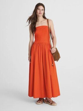 Madewell Orange Mid Weight Poplin Seamed Open Back Midi Dress 12 NWT